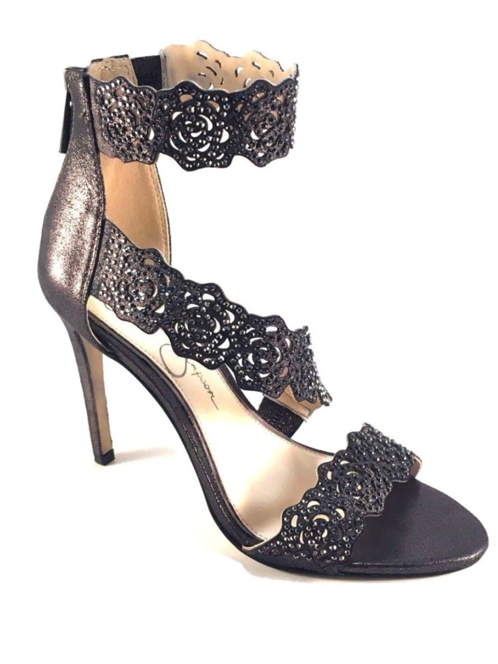 Women's Metallic Black High Heel Sandals with Laser-Cut Straps